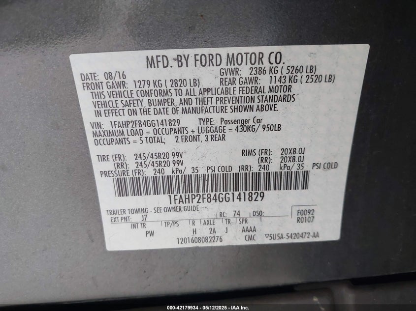 2016 FORD TAURUS VIN: 1FAHP2F84GG141829