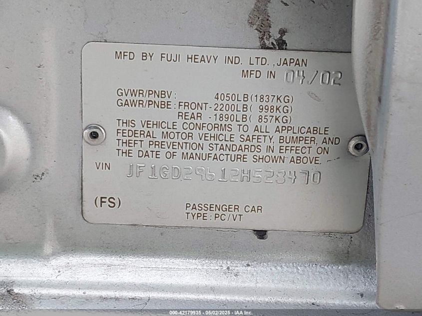 2002 Subaru Impreza Wrx VIN: JF1GD29612H528470 Lot: 42179935