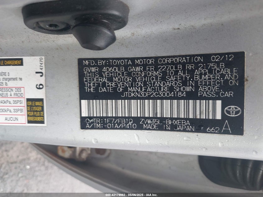 2012 TOYOTA PRIUS PLUG-IN VIN: JTDKN3DP2C3004184