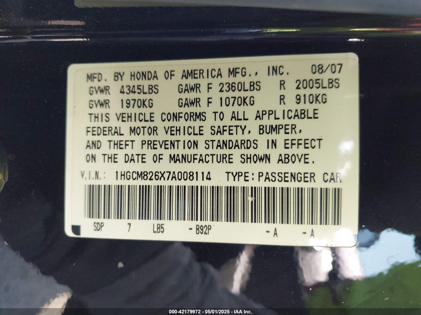 2007 HONDA ACCORD VIN: 1HGCM826X7A008114