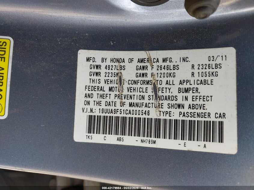 2012 ACURA TL VIN: 19UUA9F51CA000546