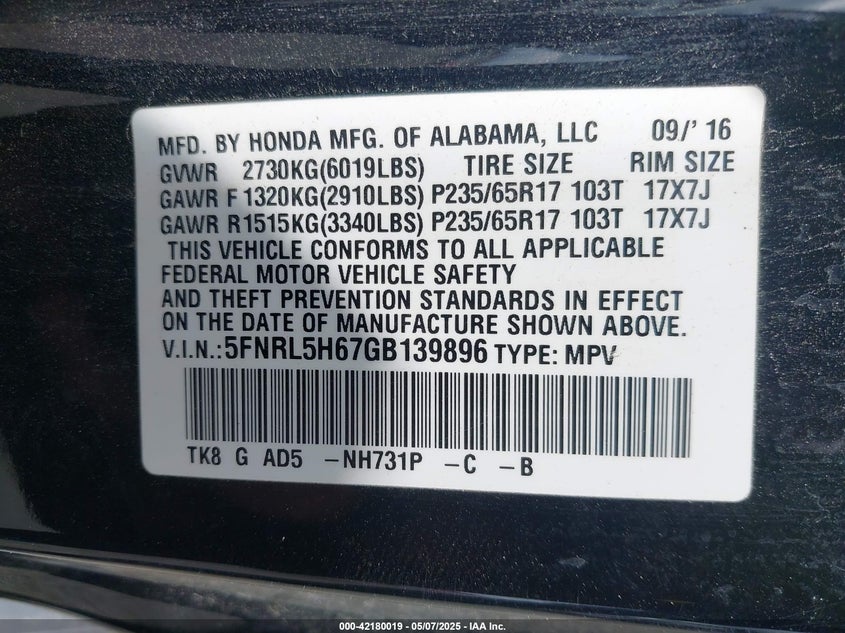 2016 Honda Odyssey Ex-L VIN: 5FNRL5H67GB139896 Lot: 42180019