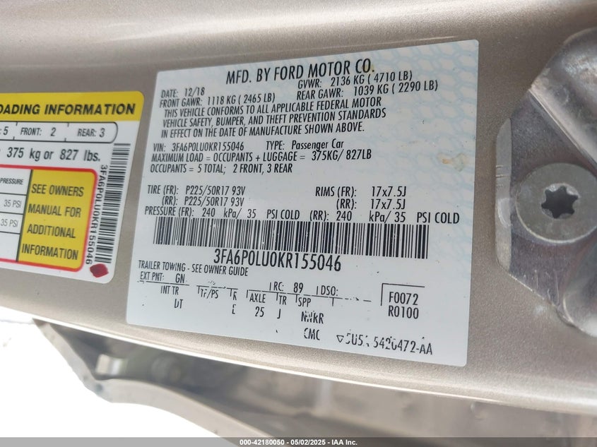 2019 FORD FUSION HYBRID VIN: 3FA6P0LU0KR155046