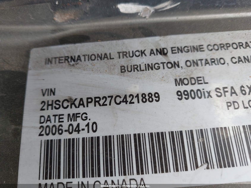2007 International 9900 9900Ix VIN: 2HSCKAPR27C42188 Lot: 42180071