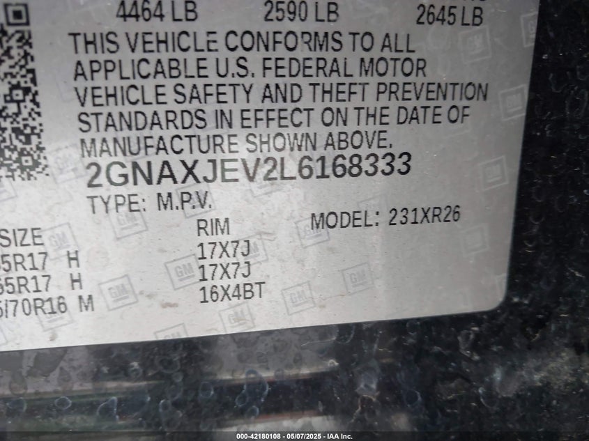 2020 CHEVROLET EQUINOX LT - 2GNAXJEV2L6168333