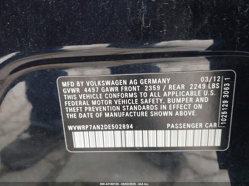 2013 VOLKSWAGEN CC VIN: WVWRP7AN2DE502894