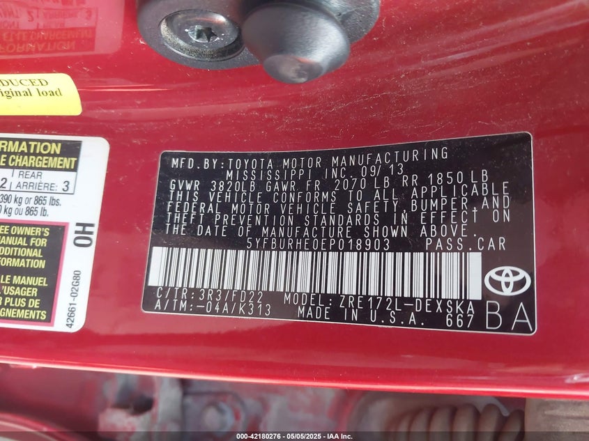 2014 TOYOTA COROLLA VIN: 5YFBURHE0EP018903