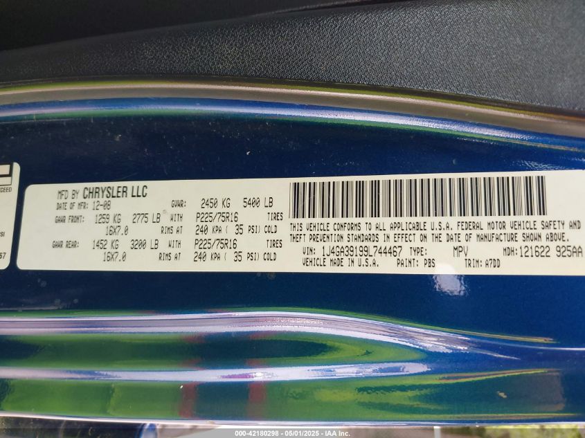 2009 Jeep Wrangler Unlimited X VIN: 1J4GA39199L744467 Lot: 42180298