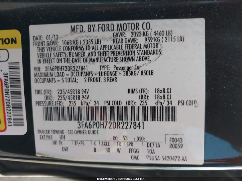 2013 FORD FUSION VIN: 3FA6P0H72DR227841
