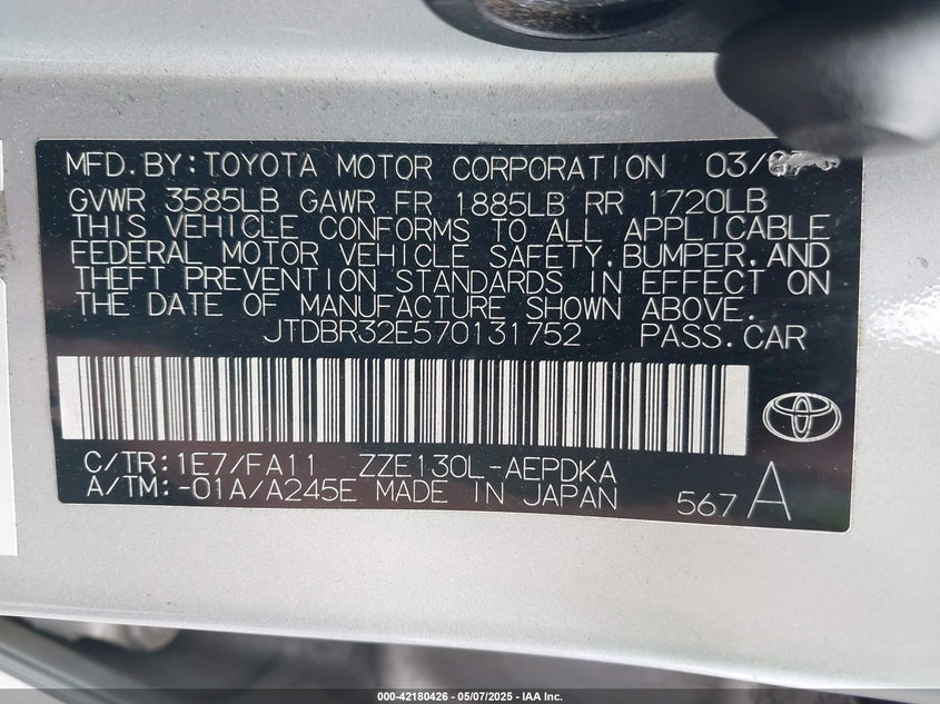 2007 TOYOTA COROLLA VIN: JTDBR32E570131752