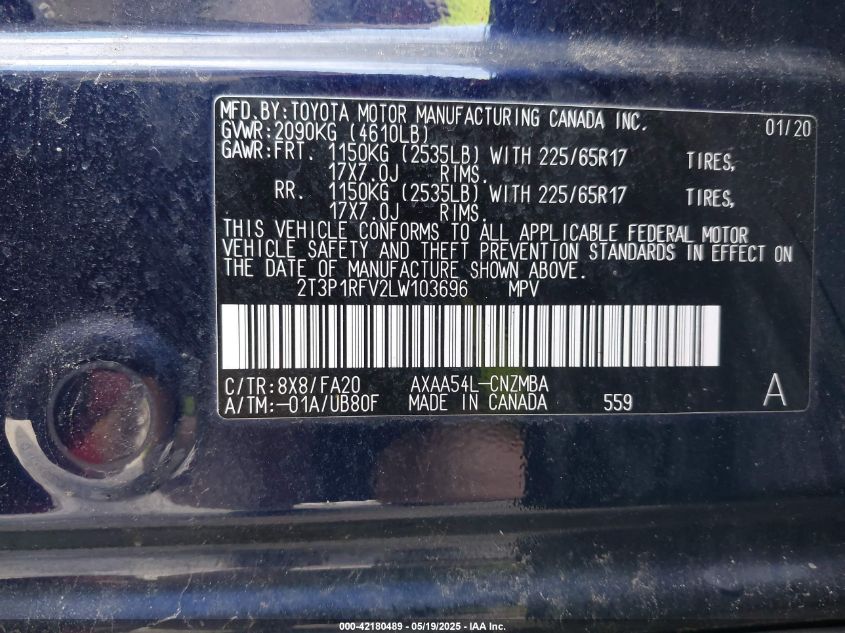 2020 Toyota Rav4 Xle VIN: 2T3P1RFV2LW103696 Lot: 42180489