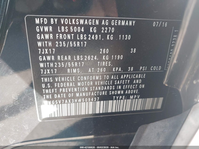 2017 VOLKSWAGEN TIGUAN VIN: WVGSV7AX3HW509437