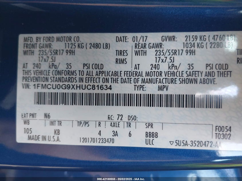 2017 FORD ESCAPE VIN: 1FMCU0G9XHUC81634