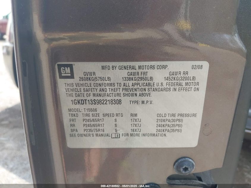2008 GMC Envoy Sle VIN: 1GKDT13S982218308 Lot: 42180582