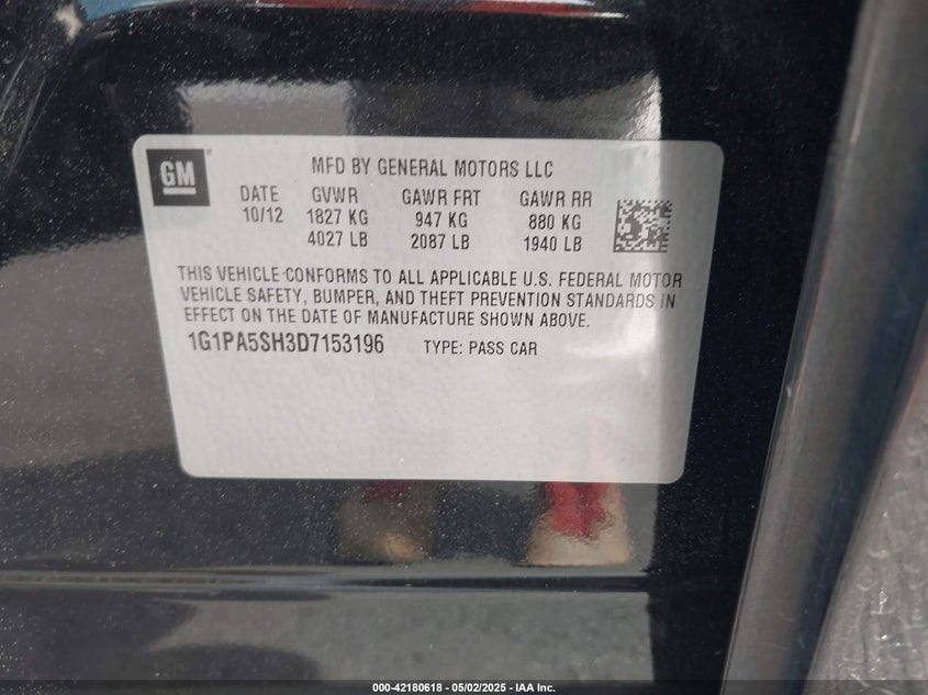 2013 CHEVROLET CRUZE VIN: 1G1PA5SH3D7153196