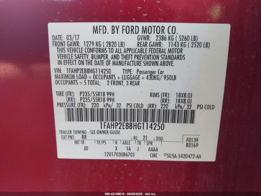 2017 Ford Taurus Sel VIN: 1FAHP2E88HG114250 Lot: 42180619