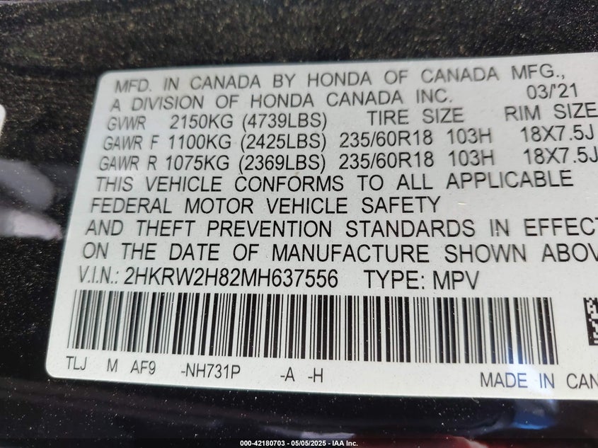 2021 HONDA CR-V AWD EX-L - 2HKRW2H82MH637556