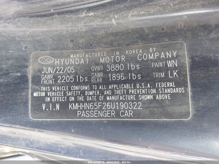 2006 Hyundai Tiburon Gt/Gt Limited/Se VIN: KMHHN65F26U190322 Lot: 42180718