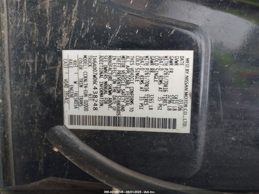 2006 Nissan Frontier Se VIN: 1N6AD07W06C438248 Lot: 42180746