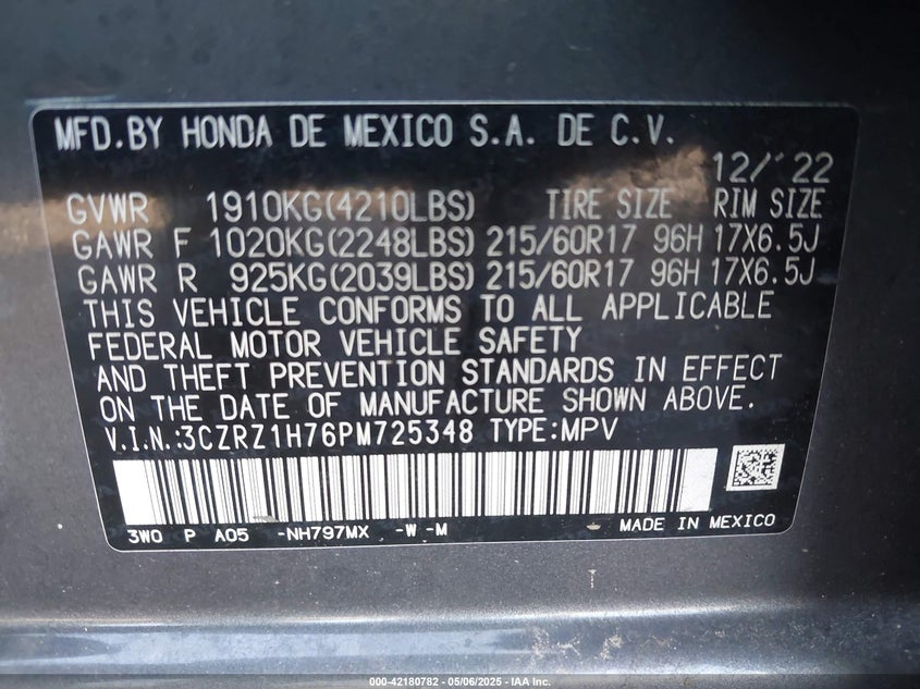 2023 Honda Hr-V 2Wd Ex-L VIN: 3CZRZ1H76PM725348 Lot: 42180782