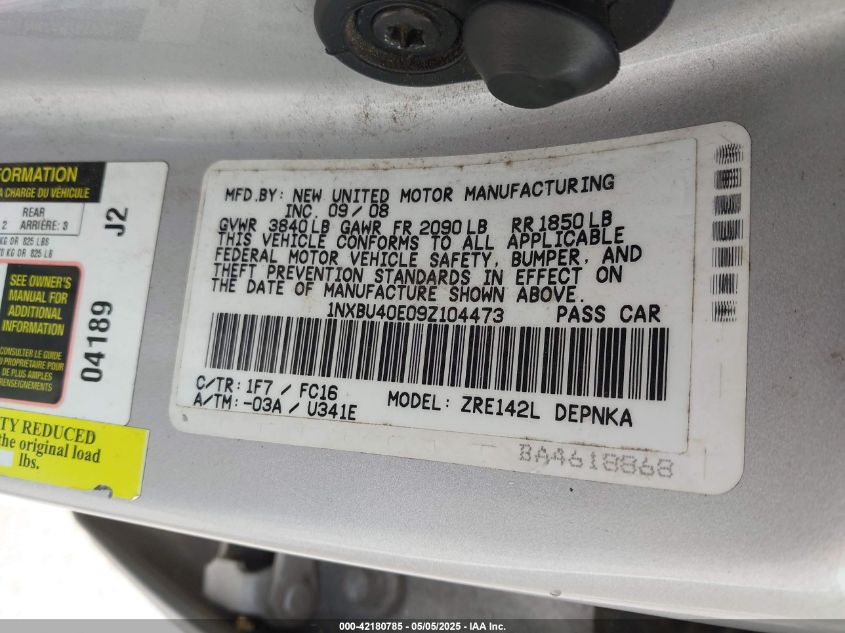 2009 Toyota Corolla Xle VIN: 1NXBU40E09Z104473 Lot: 42180785