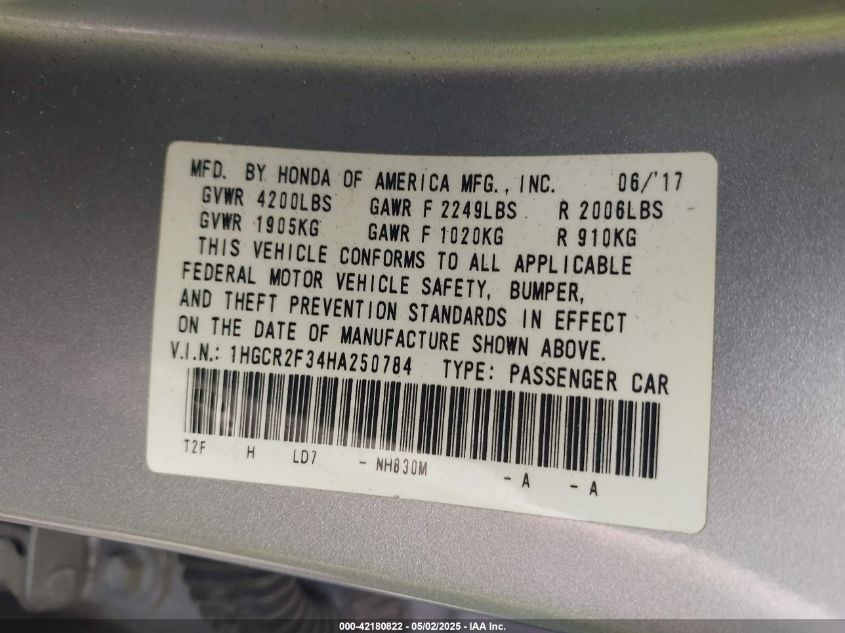 2017 Honda Accord Lx VIN: 1HGCR2F34HA250784 Lot: 42180822