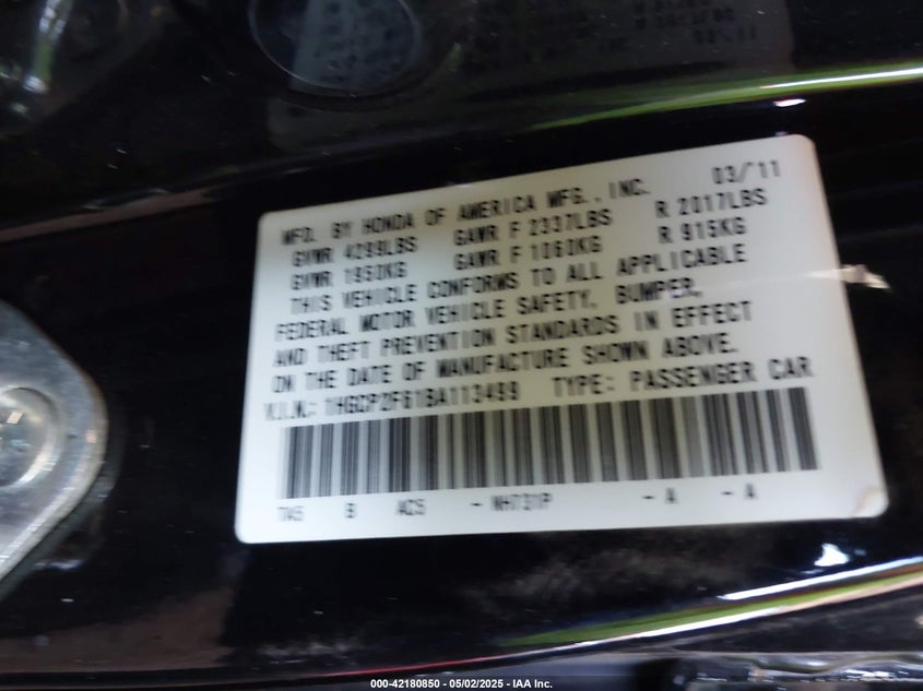 2011 HONDA ACCORD VIN: 1HGCP2F61BA113499