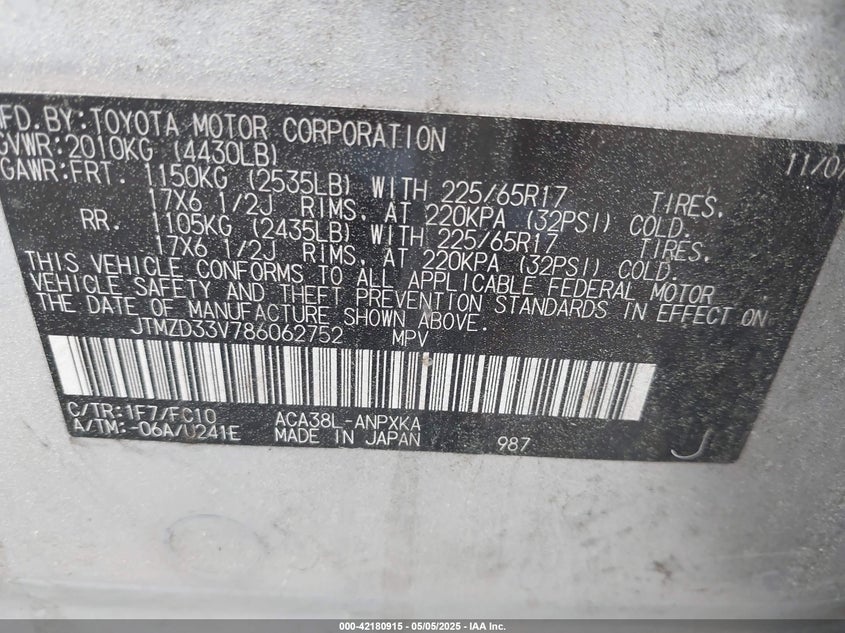 2008 TOYOTA RAV4 VIN: JTMZD33V786062752