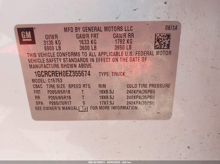 2014 CHEVROLET SILVERADO 1500 VIN: 1GCRCREH0EZ355674
