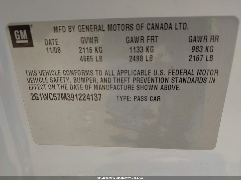 2009 CHEVROLET IMPALA VIN: 2G1WC57M391224137