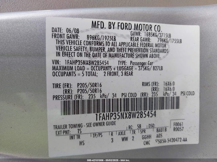 2008 FORD FOCUS VIN: 1FAHP35NX8W285454