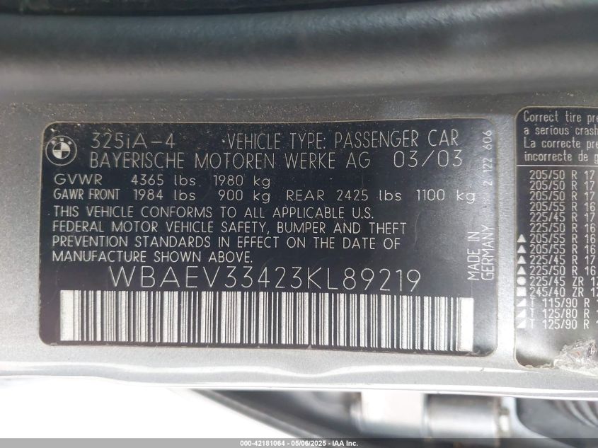 2003 BMW 325I VIN: WBAEV33423KL89219 Lot: 42181064