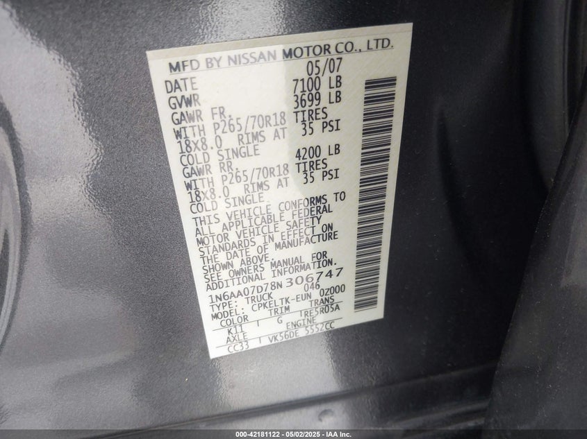 2008 NISSAN TITAN VIN: 1N6AA07D78N306747