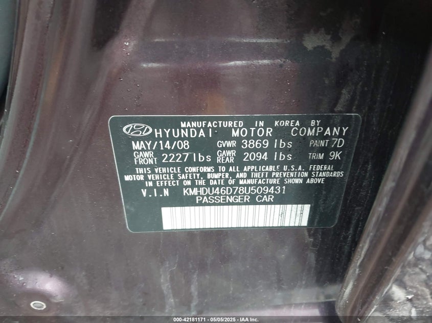 2008 HYUNDAI ELANTRA VIN: KMHDU46D78U509431