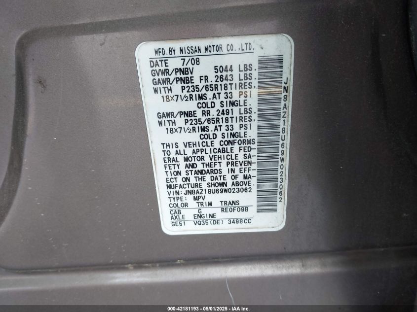 2009 Nissan Murano Sl VIN: JN8AZ18U69W023062 Lot: 42181193
