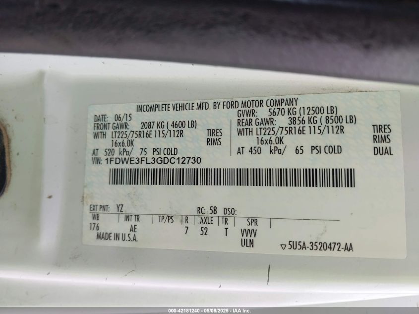 2016 Ford E-350 Cutaway VIN: 1FDWE3FL3GDC12730 Lot: 42181240