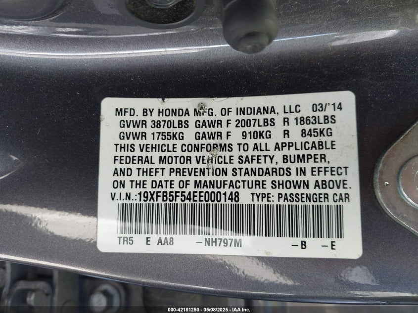 2014 HONDA CIVIC VIN: 19XFB5F54EE000148