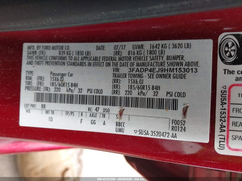 2017 Ford Fiesta Se VIN: 3FADP4EJ9HM153013 Lot: 42181354