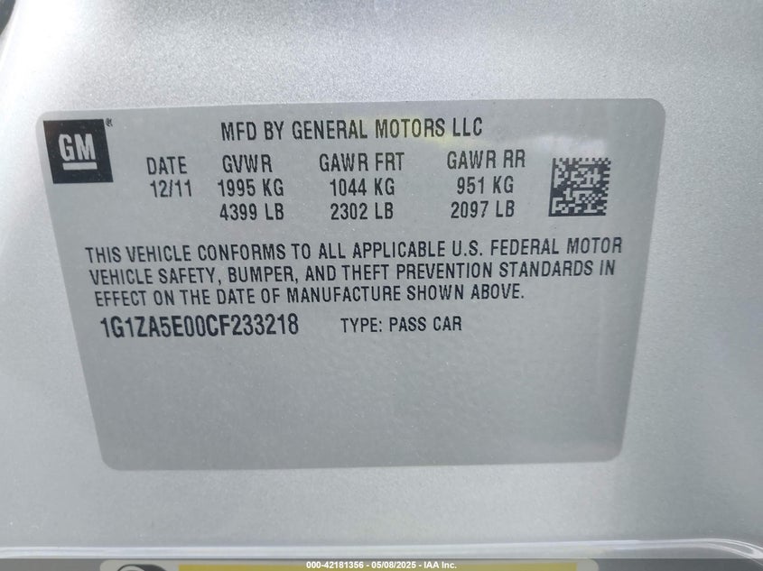 2012 CHEVROLET MALIBU VIN: 1G1ZA5E00CF233218