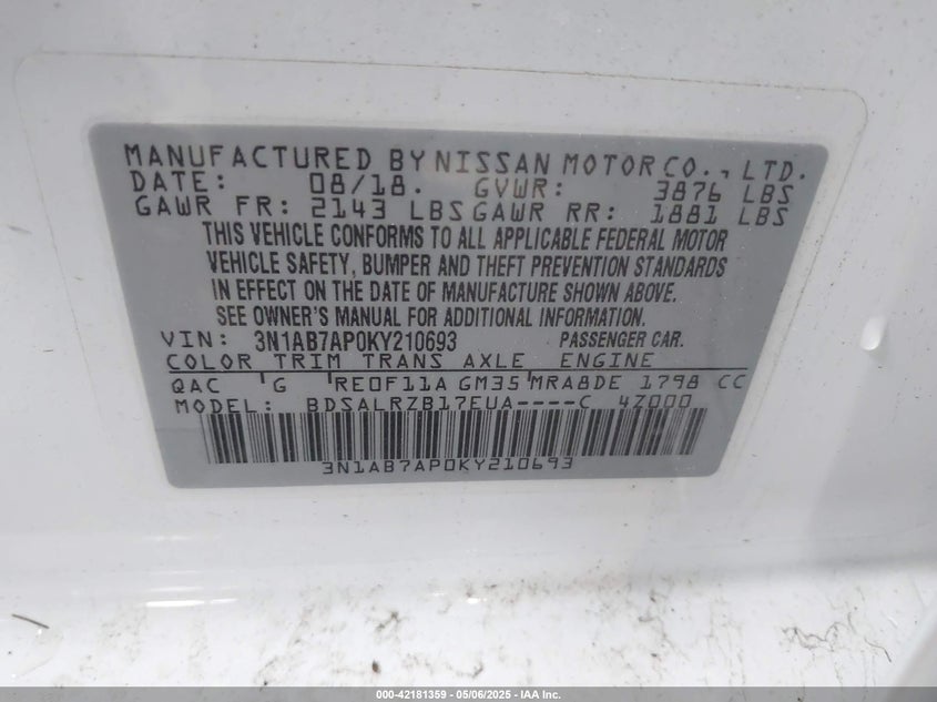 2019 NISSAN SENTRA VIN: 3N1AB7AP0KY210693