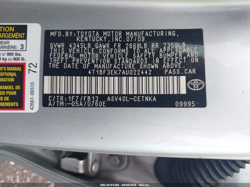 2010 TOYOTA CAMRY VIN: 4T1BF3EK7AU022442
