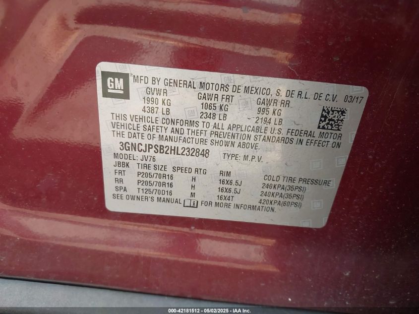 2017 Chevrolet Trax Lt VIN: 3GNCJPSB2HL2328 Lot: 42181512