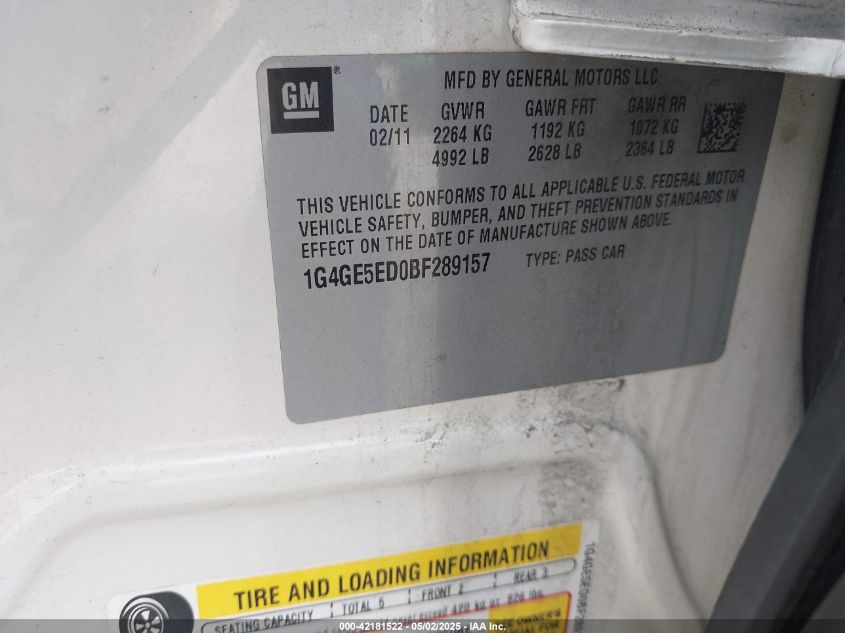 2011 Buick Lacrosse Cxs VIN: 1G4GE5ED0BF289157 Lot: 42181522