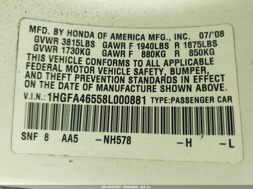 2008 Honda Civic Gx VIN: 1HGFA46558L000881 Lot: 42181523