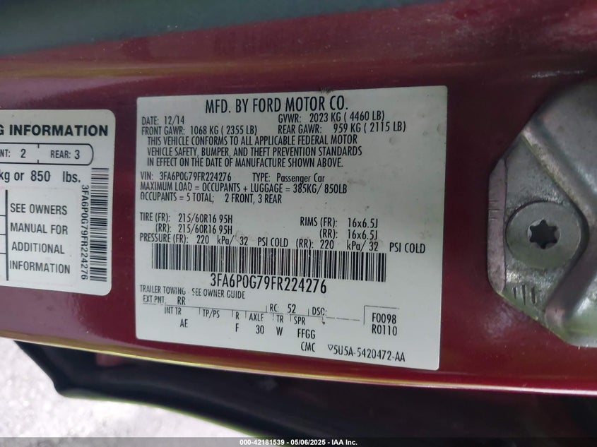 2015 FORD FUSION VIN: 3FA6P0G79FR224276