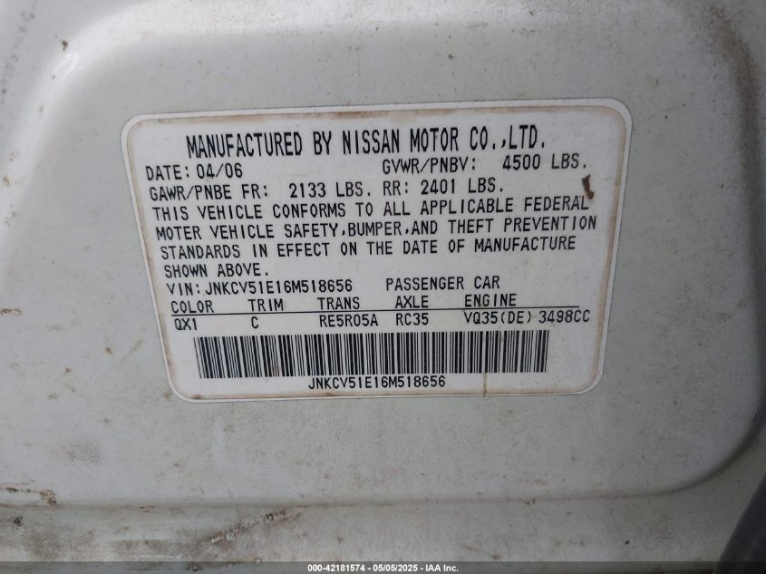 2006 Infiniti G35 VIN: JNKCV51E16M518656 Lot: 42181574
