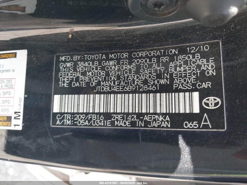 2011 TOYOTA COROLLA VIN: JTDBU4EE6B9128461