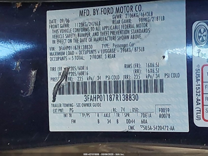 2007 FORD FUSION VIN: 3FAHP01187R138830