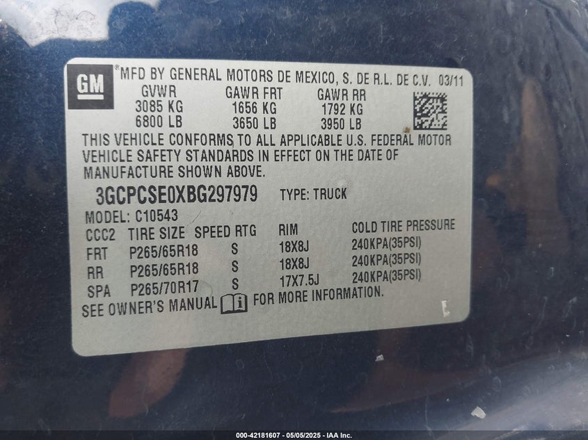 2011 CHEVROLET SILVERADO 1500 VIN: 3GCPCSE0XBG297979