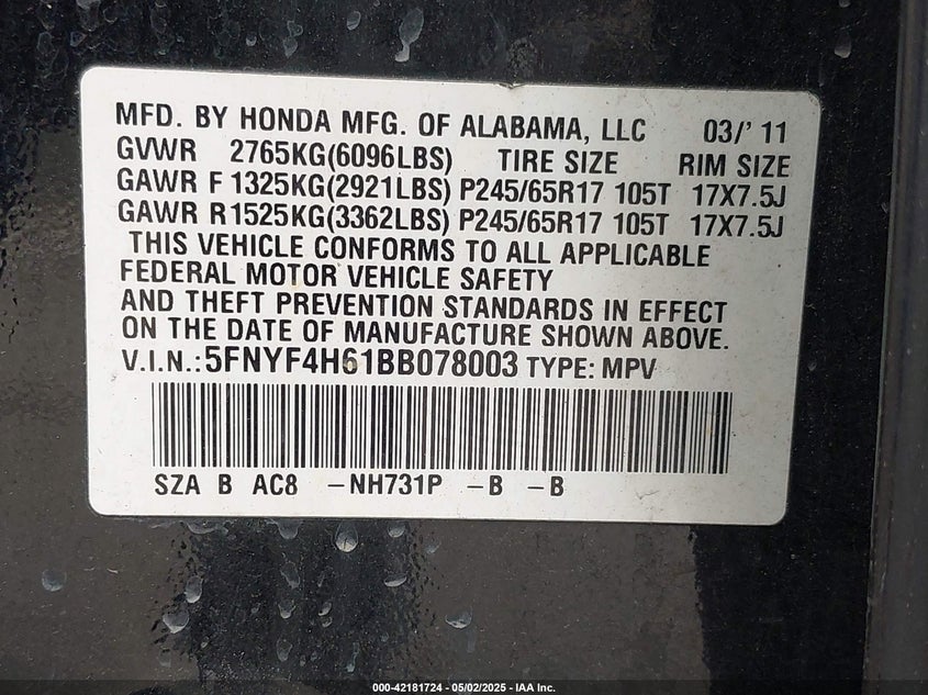 2011 HONDA PILOT VIN: 5FNYF4H61BB078003